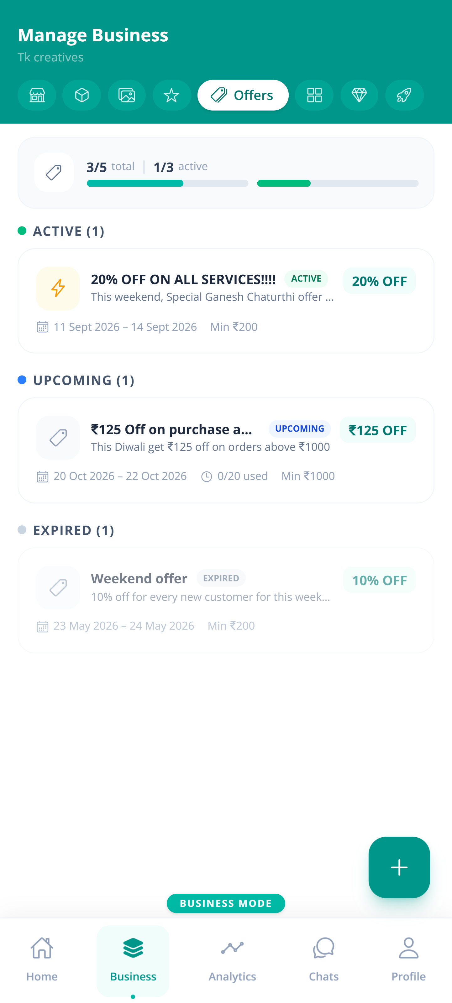Tijarah Manage Business screen on the Offers tab listing active, upcoming, and expired deals